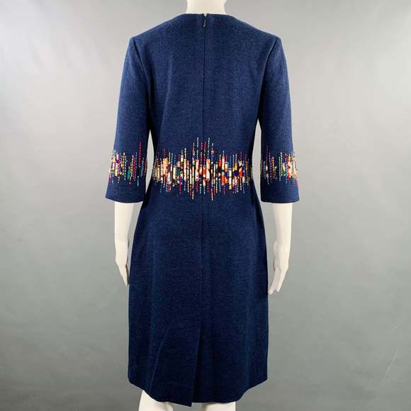 CAROLINA HERRERA Blue Multi Color Wool Beaded Back Zip Dress - Picture 4 of 8
